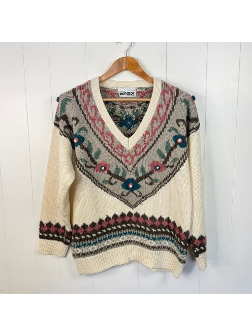 Vintage Beige 90s Floral Knit Sweater Cottagecore Grandmacore Shabby size small